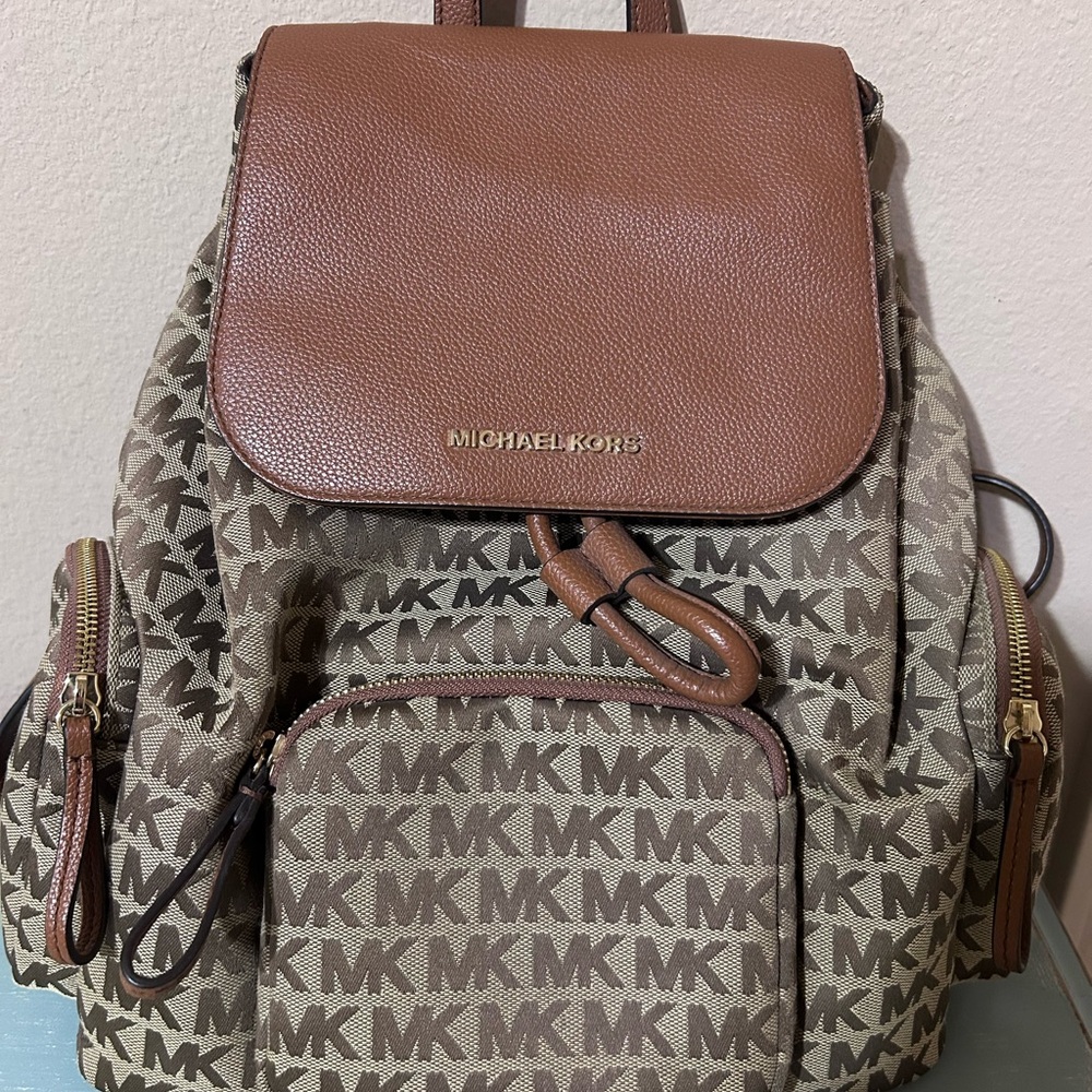 Michael Kors Brown Monogram Backpack with Leather Accents